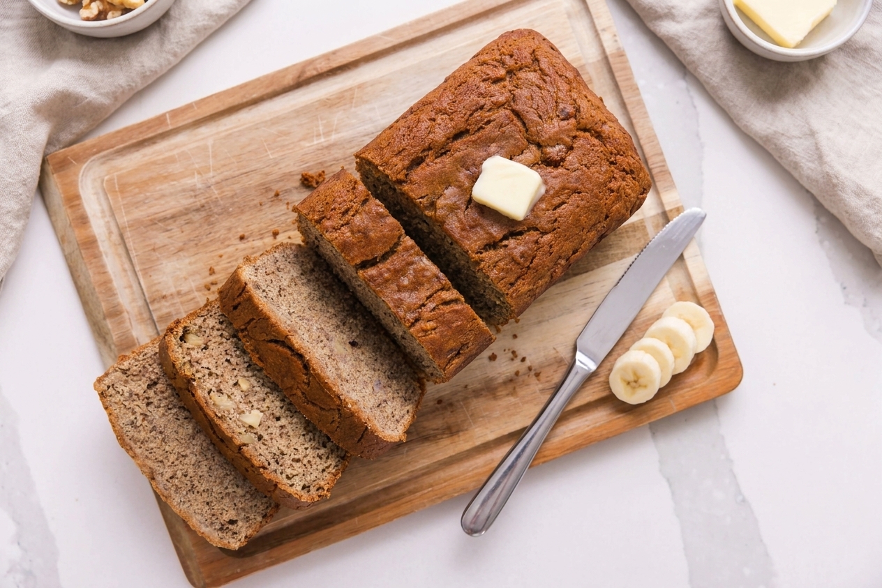 Several slices of gluten-free banana bread fanned on a cutting board with a butter knife nearby on a cozy kitchen table