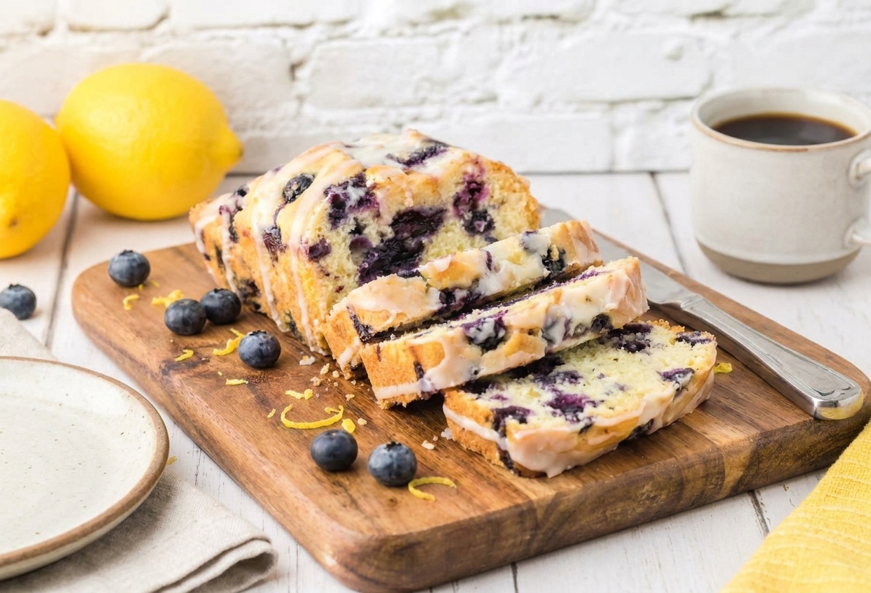 Several slices of lemon blueberry loaf fanned on a cutting board with visible berries and glossy glaze, set on a simple table setting