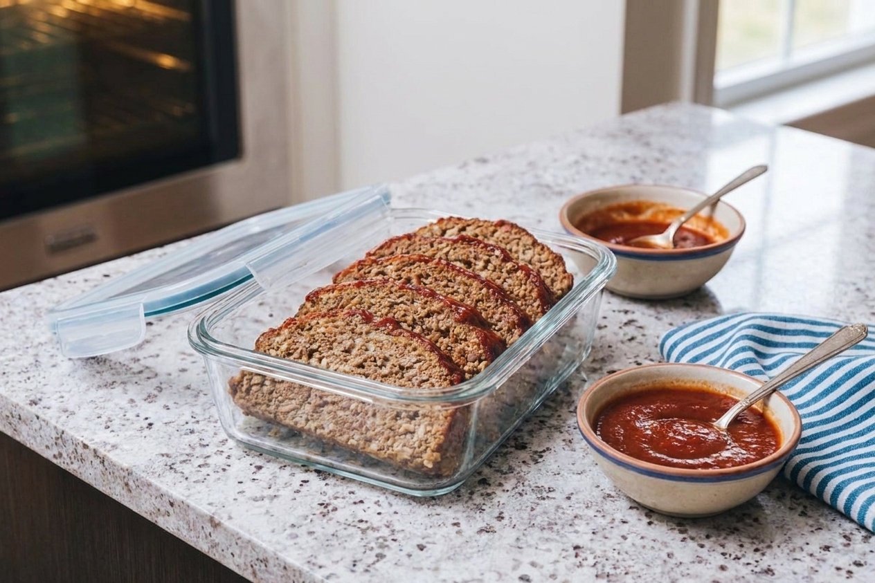 Several slices of meatloaf stacked in a glass meal prep container with a small container of extra glaze beside it on a kitchen counter