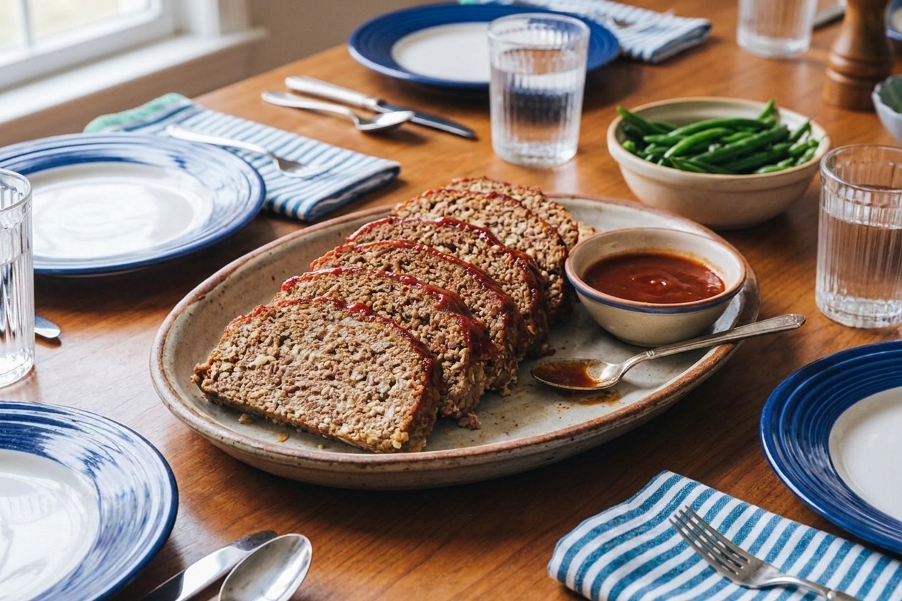 Several slices of meatloaf with oatmeal fanned on a serving platter with extra glaze on the side on a dinner table set with plates and utensils