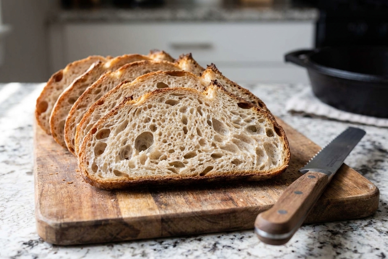 Several slices of sourdough bread fanned on a wooden cutting board with an airy crumb and a serrated bread knife nearby