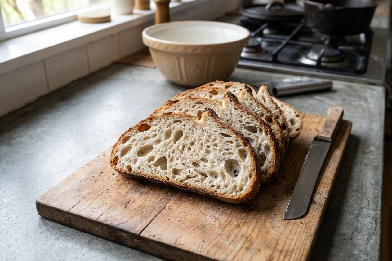 Several slices of sourdough bread fanned on a wooden cutting board with visible open crumb texture