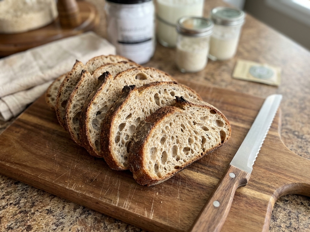 Several slices of sourdough bread fanned out on a wooden cutting board with a bread knife nearby