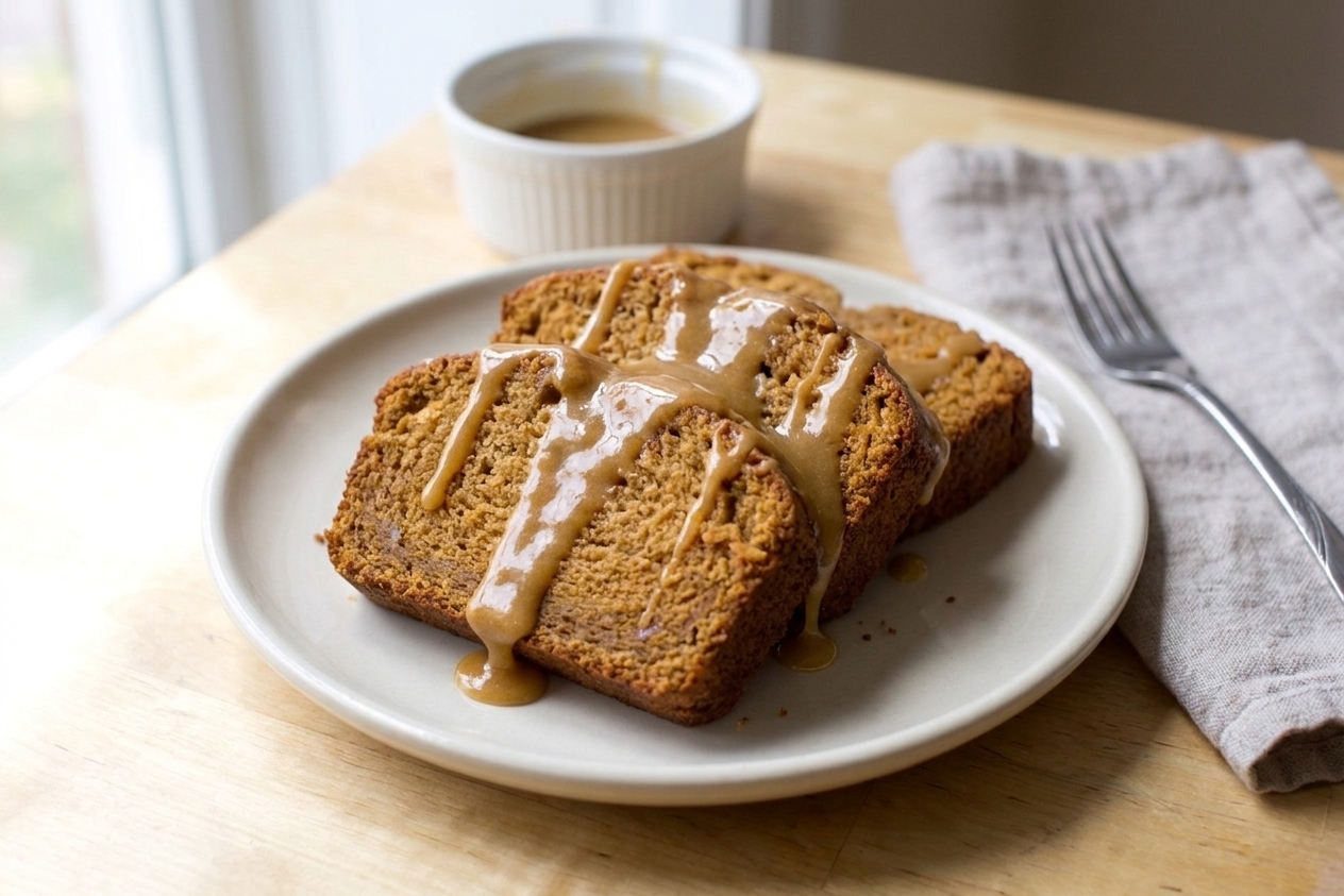 Several slices of sweet potato pound cake on a ceramic plate with a light maple glaze, set at a simple table setting