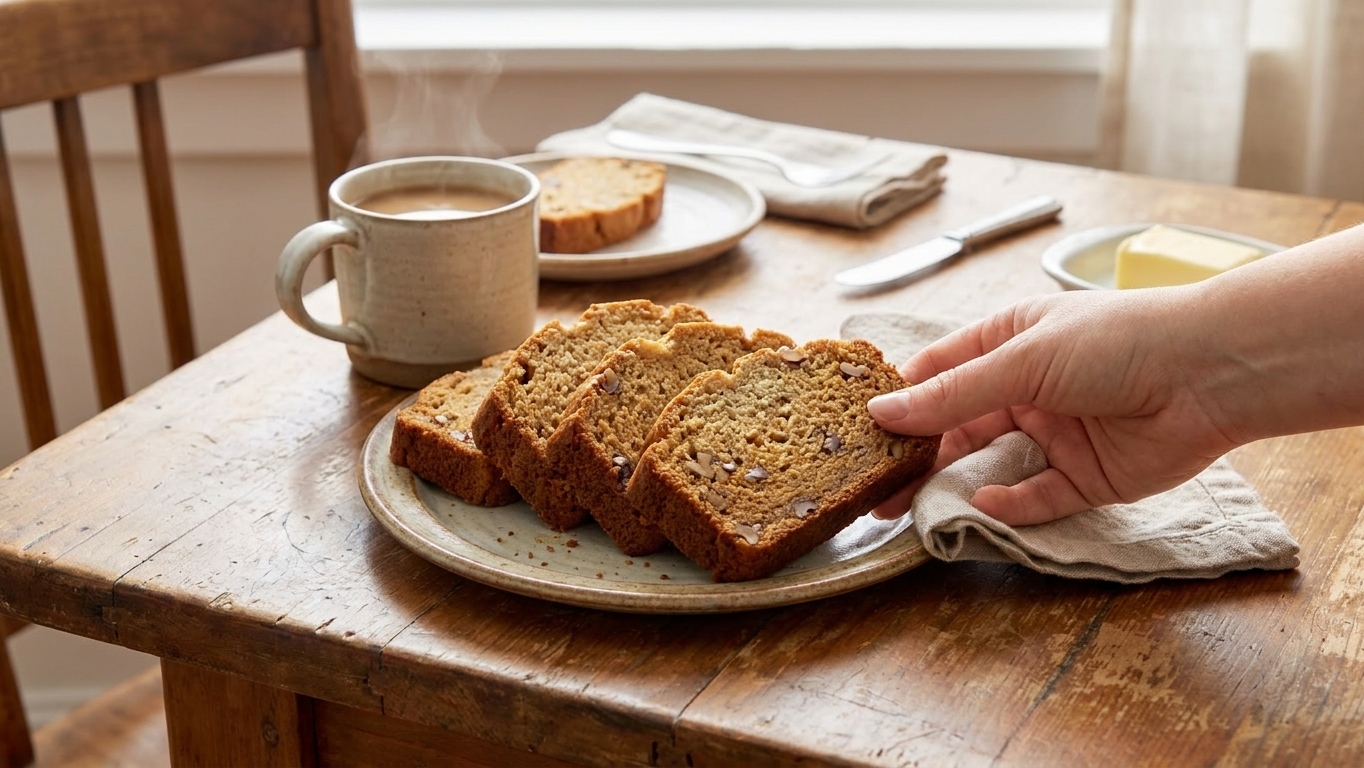 Several slices of vegan banana bread fanned on a ceramic plate on a dining table with a mug nearby