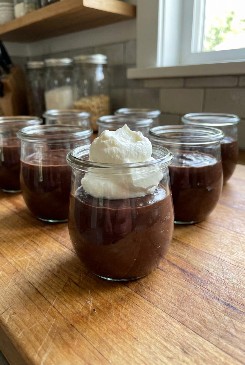 Several small glass jars filled with dark cocoa pudding on a kitchen counter, one jar being topped with whipped cream