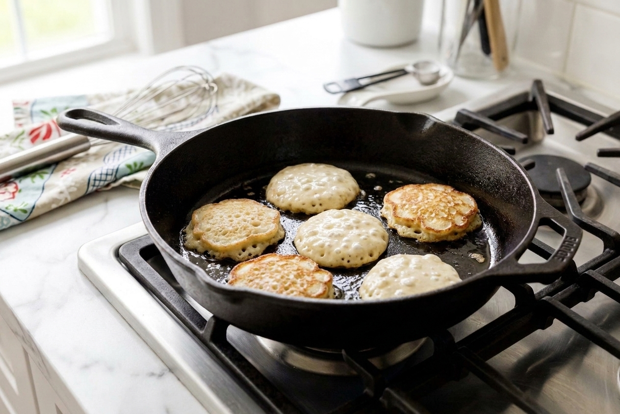 Several small hoe cakes cooking in a cast iron skillet, edges turning lacy and golden as bubbles form on top