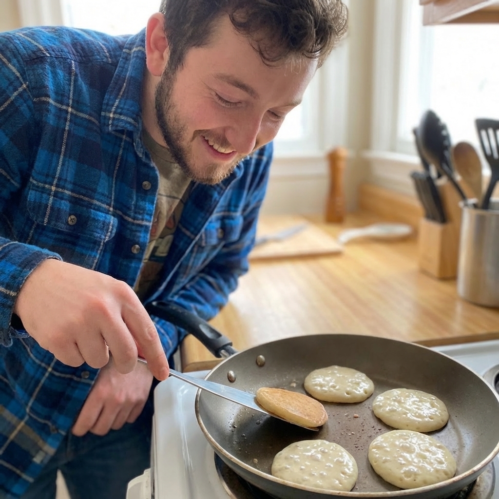 Several small pancakes cooking in a nonstick skillet with bubbles forming on the surface and a thin spatula sliding under one pancake, warm kitchen lighting, photorealistic food photography