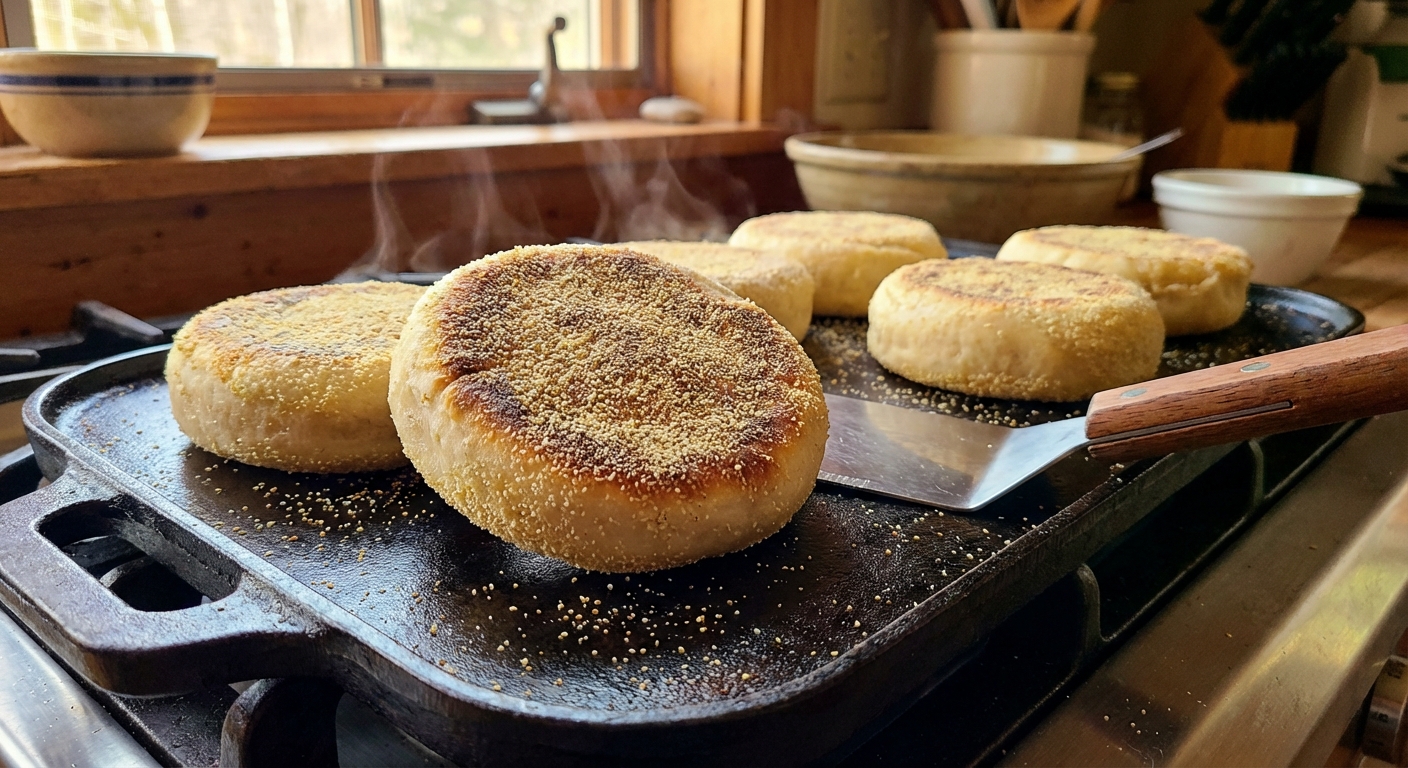Several sourdough English muffins cooking on a cast iron griddle, surfaces dusted with semolina, edges turning golden brown, a spatula resting nearby, warm kitchen light, photorealistic food photography