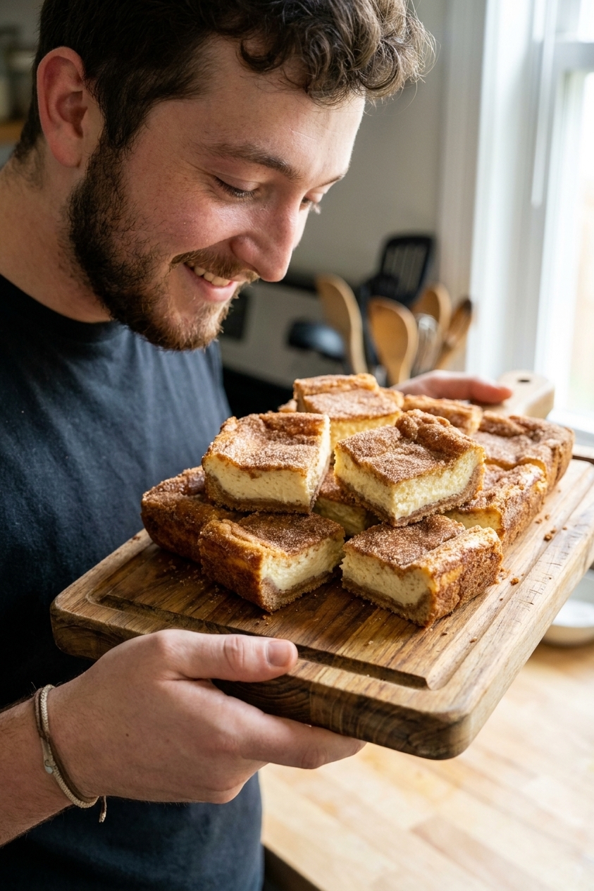 Several squares of churro cheesecake bars on a wooden cutting board showing a creamy center and cinnamon-sugar top, close-up food photography