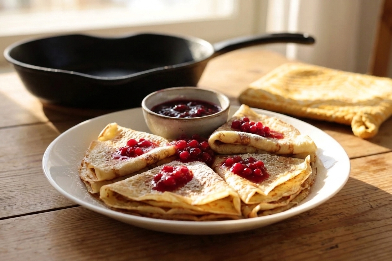 Several thin Scandinavian pancakes folded into triangles on a plate with fresh berries and a small bowl of jam on the side