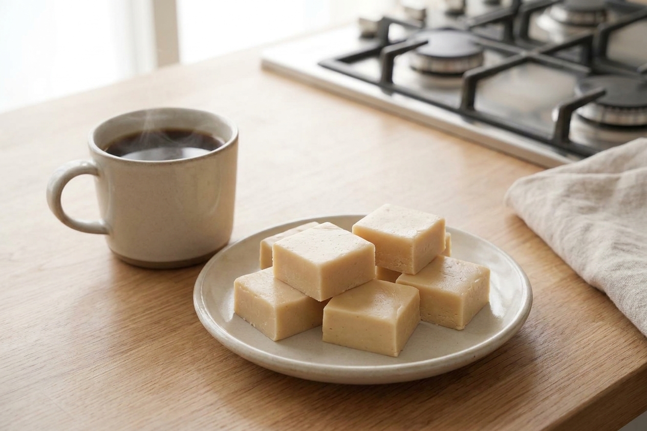 Several vanilla fudge squares arranged on a small plate beside a cup of coffee on a wooden table with soft morning light