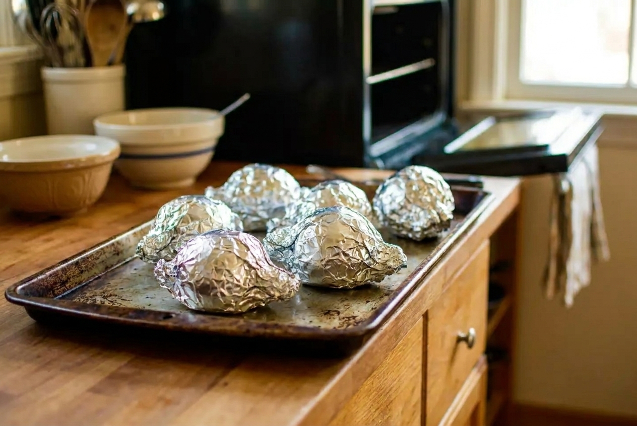 Several whole beets wrapped in aluminum foil sitting on a rimmed baking sheet before going into the oven on a kitchen counter
