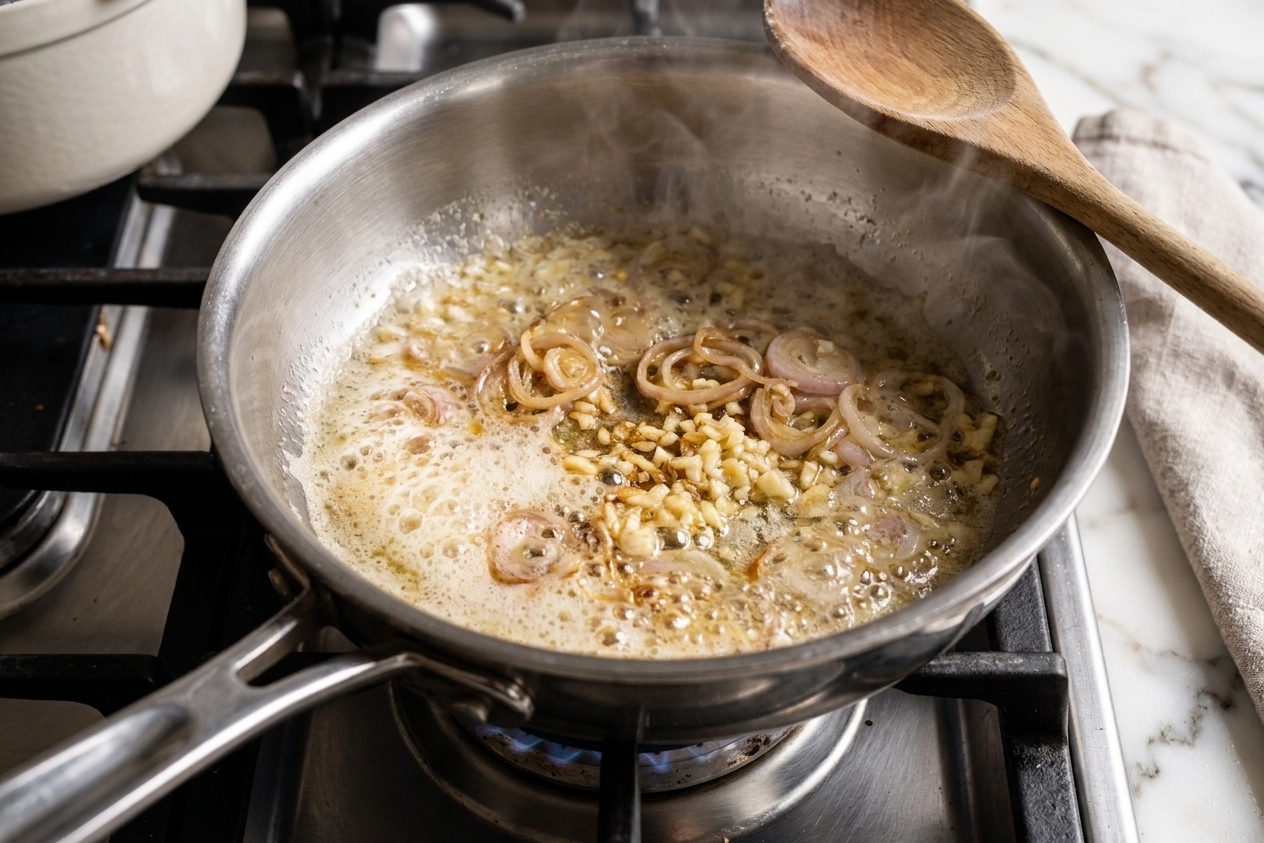 Shallots and garlic sizzling in melted butter in a small saucepan on a stovetop