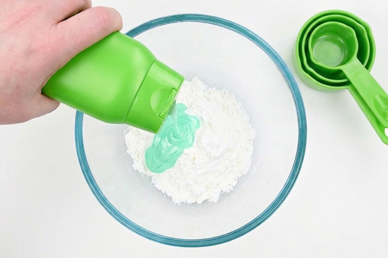 Shampoo being poured into a bowl of cornstarch on a kitchen counter