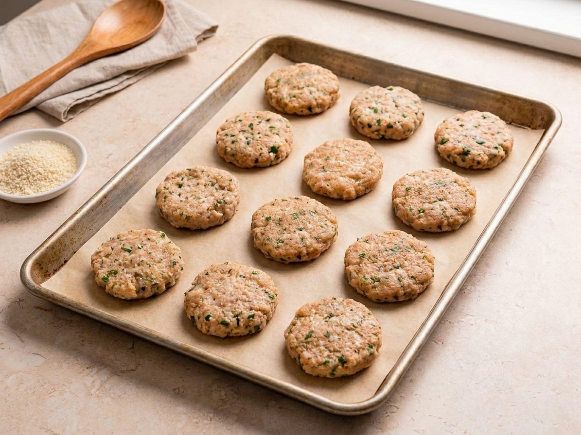 Shaped chicken patties arranged on a parchment-lined sheet pan ready for baking on a kitchen counter