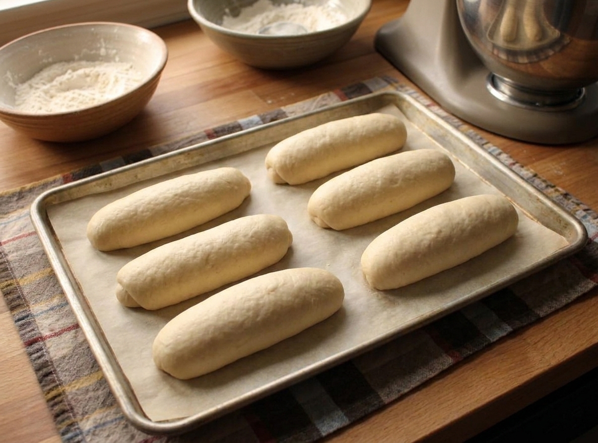 Shaped hoagie roll dough logs resting seam-side down on a parchment lined baking sheet, evenly spaced and ready for the second rise