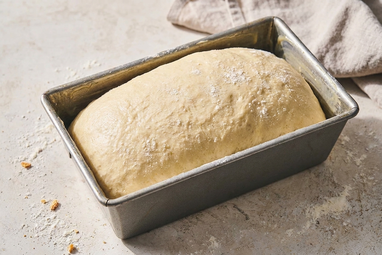 Shaped yeast dough resting and rising in a greased metal loaf pan on a kitchen counter