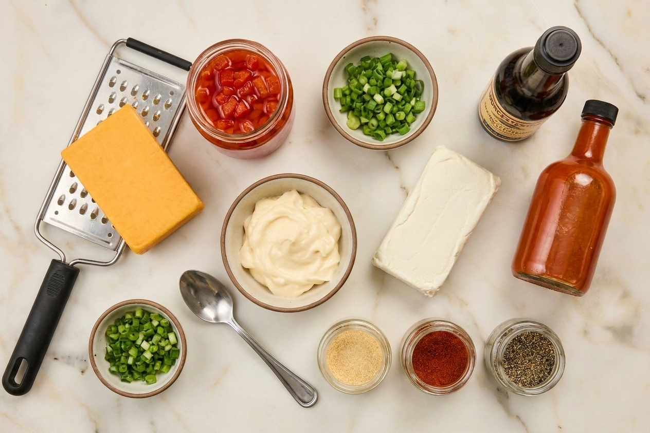 Sharp cheddar, a jar of pimentos, mayonnaise, cream cheese, Worcestershire sauce, hot sauce, garlic powder, paprika, black pepper, and green onions arranged on a clean kitchen counter