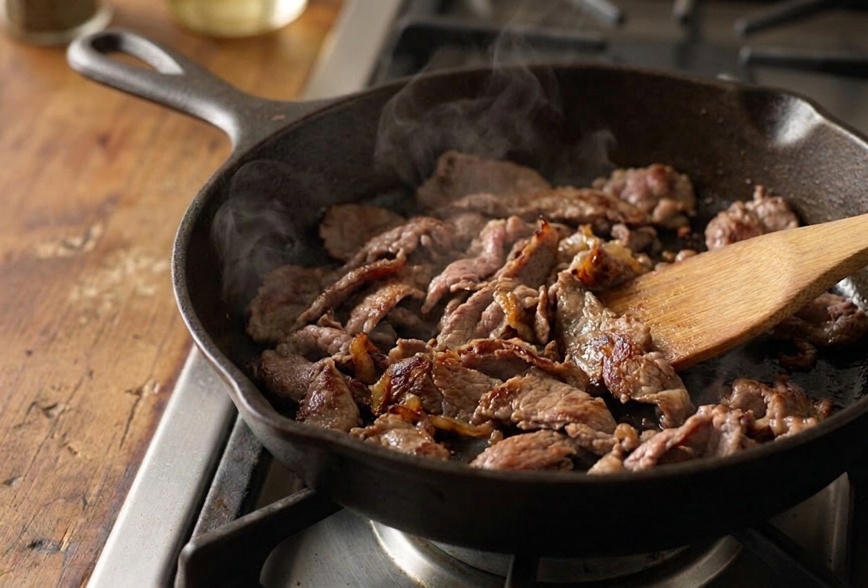 Shaved beef steak spread in a hot skillet with visible browning on the edges