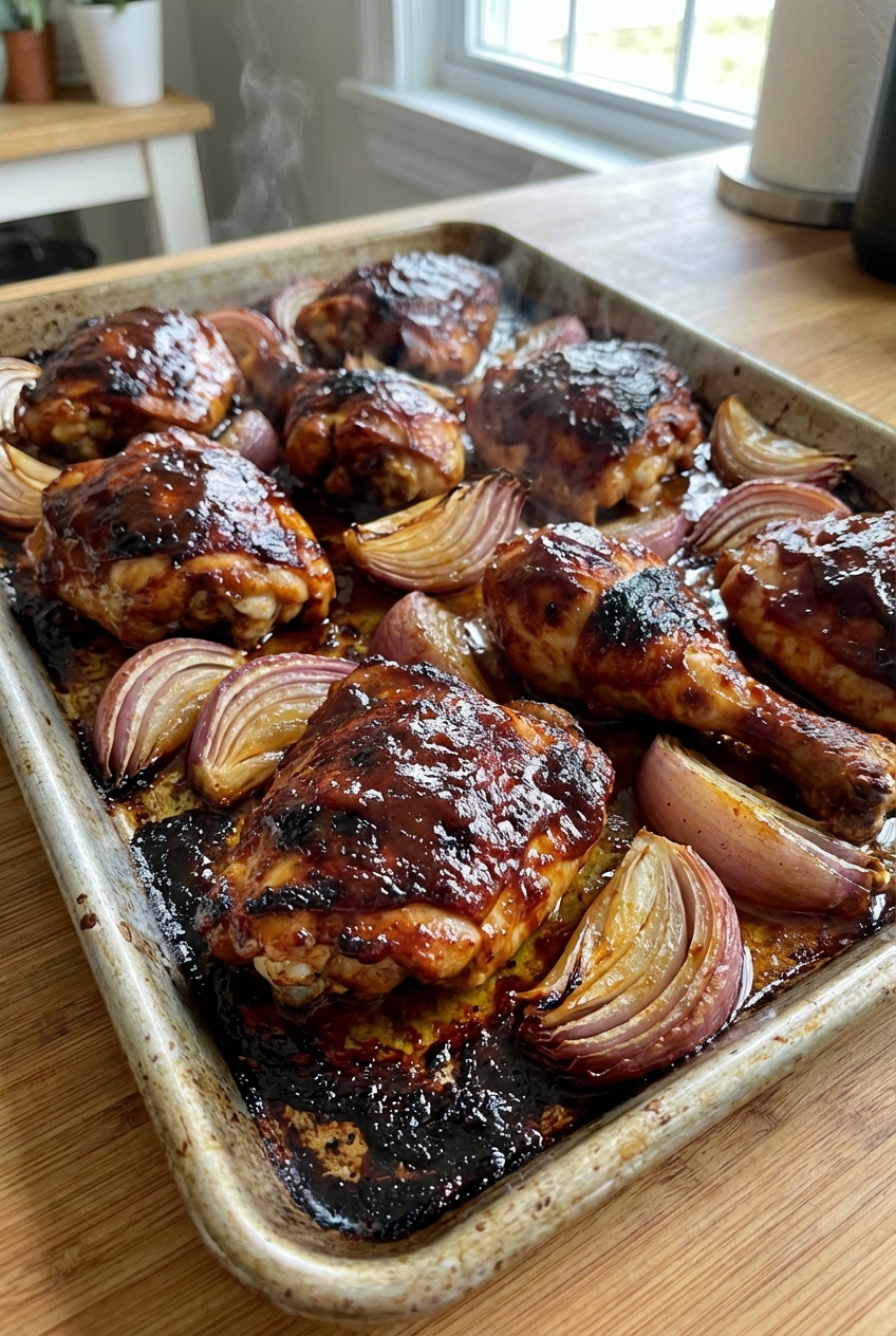 Sheet pan BBQ chicken with caramelized edges and roasted onions