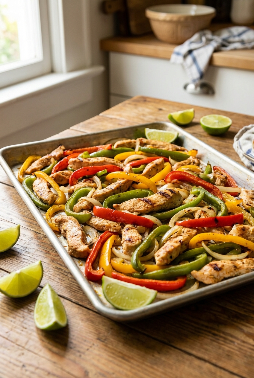 Sheet pan chicken fajitas with sliced bell peppers and onions, lightly charred at the edges, with lime wedges on the side