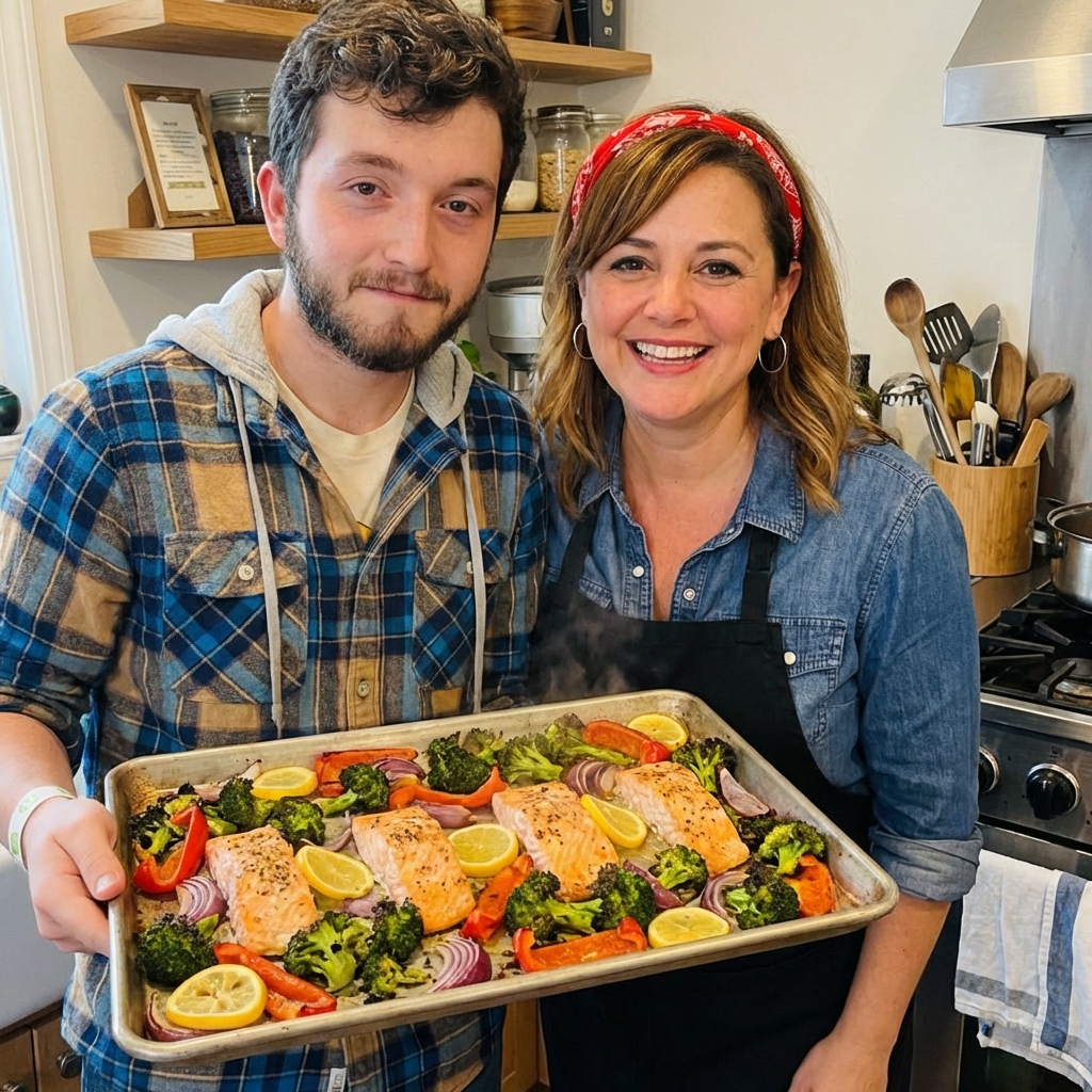 Sheet pan salmon with roasted vegetables and lemon slices