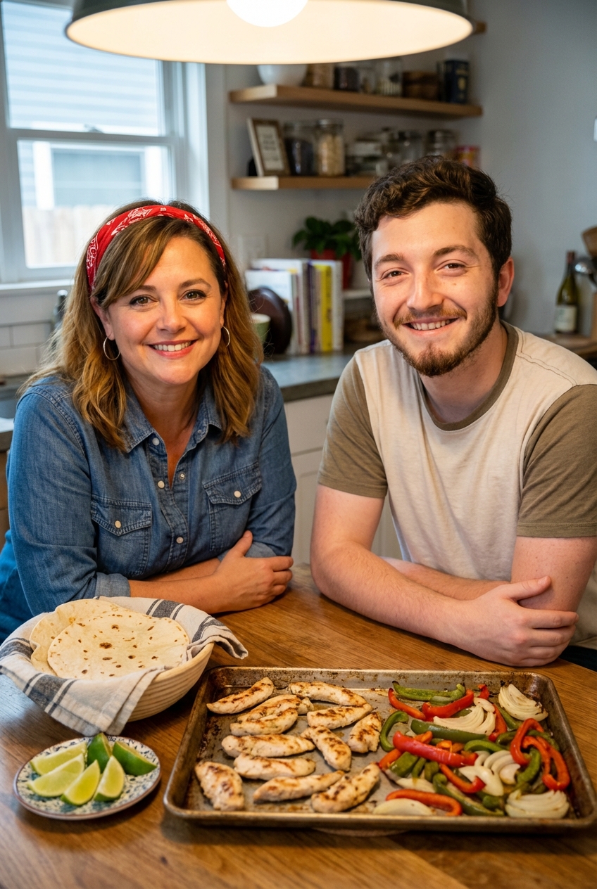 Sheet pan with roasted chicken strips, red and green bell peppers, and onions, lightly charred and served with warm tortillas and lime wedges