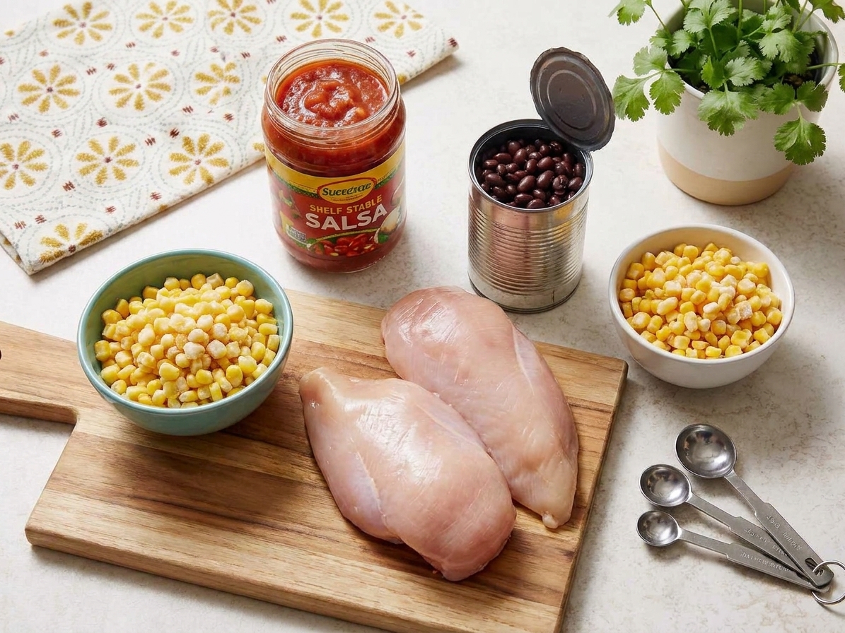 Shelf-stable salsa, chicken breasts, black beans, and frozen corn laid out on a clean kitchen counter with a cutting board and measuring spoons