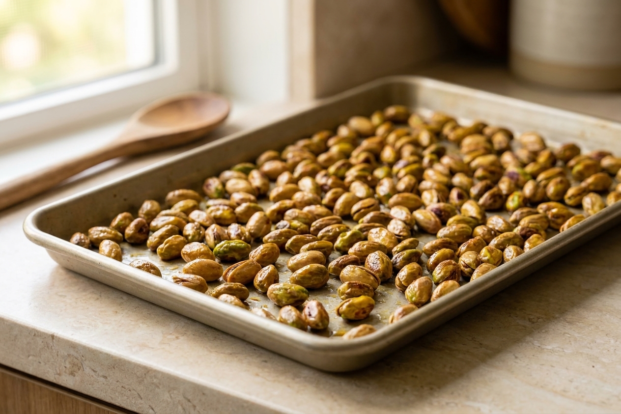 Shelled pistachios spread in a single layer and lightly toasted, turning glossy in warm kitchen lighting