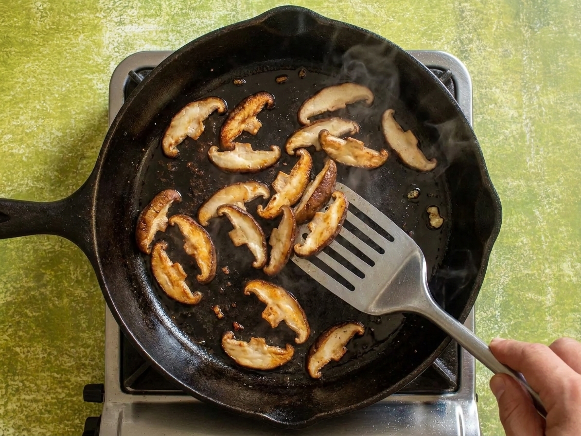 Shiitake mushrooms searing in a hot skillet with visible browning on the edges on a home stove