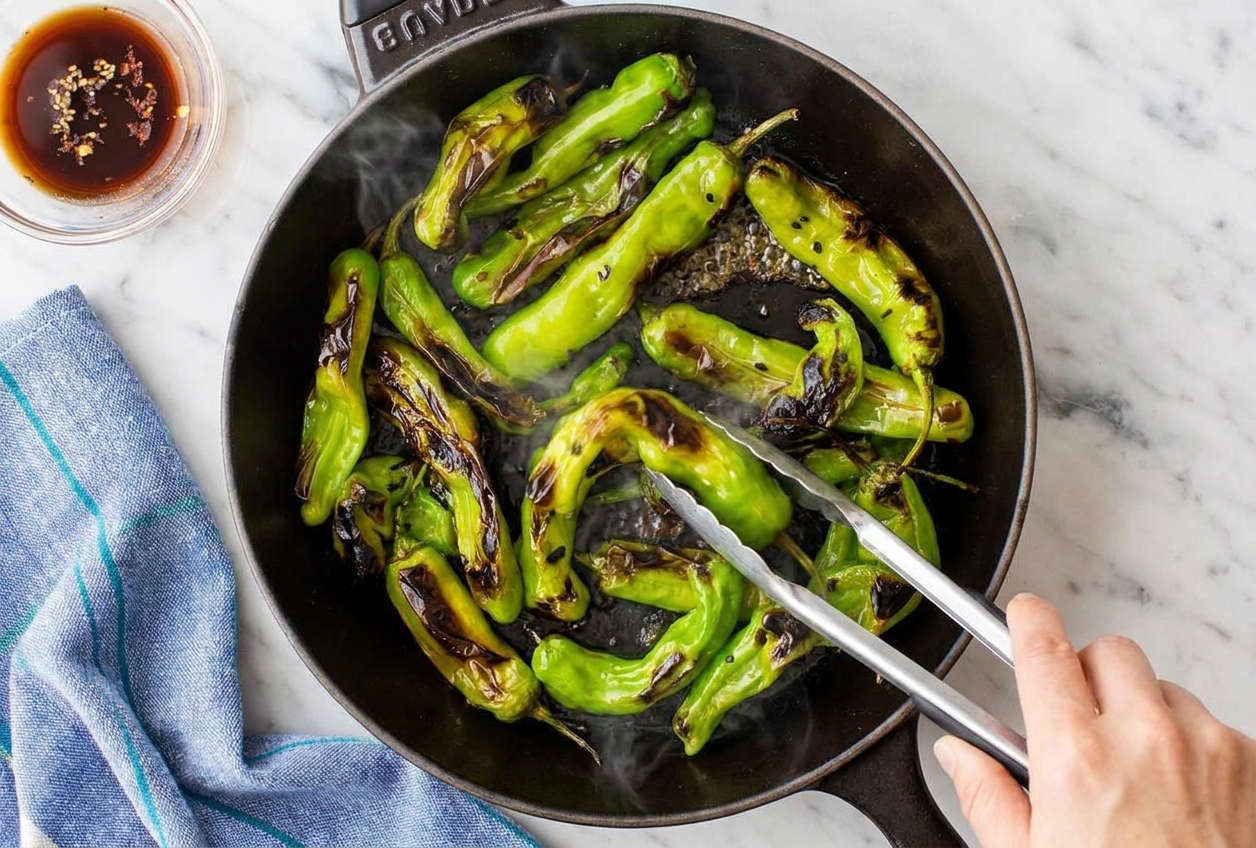 Shishito peppers blistering in a hot cast iron skillet with tongs turning them as the skins char and bubble
