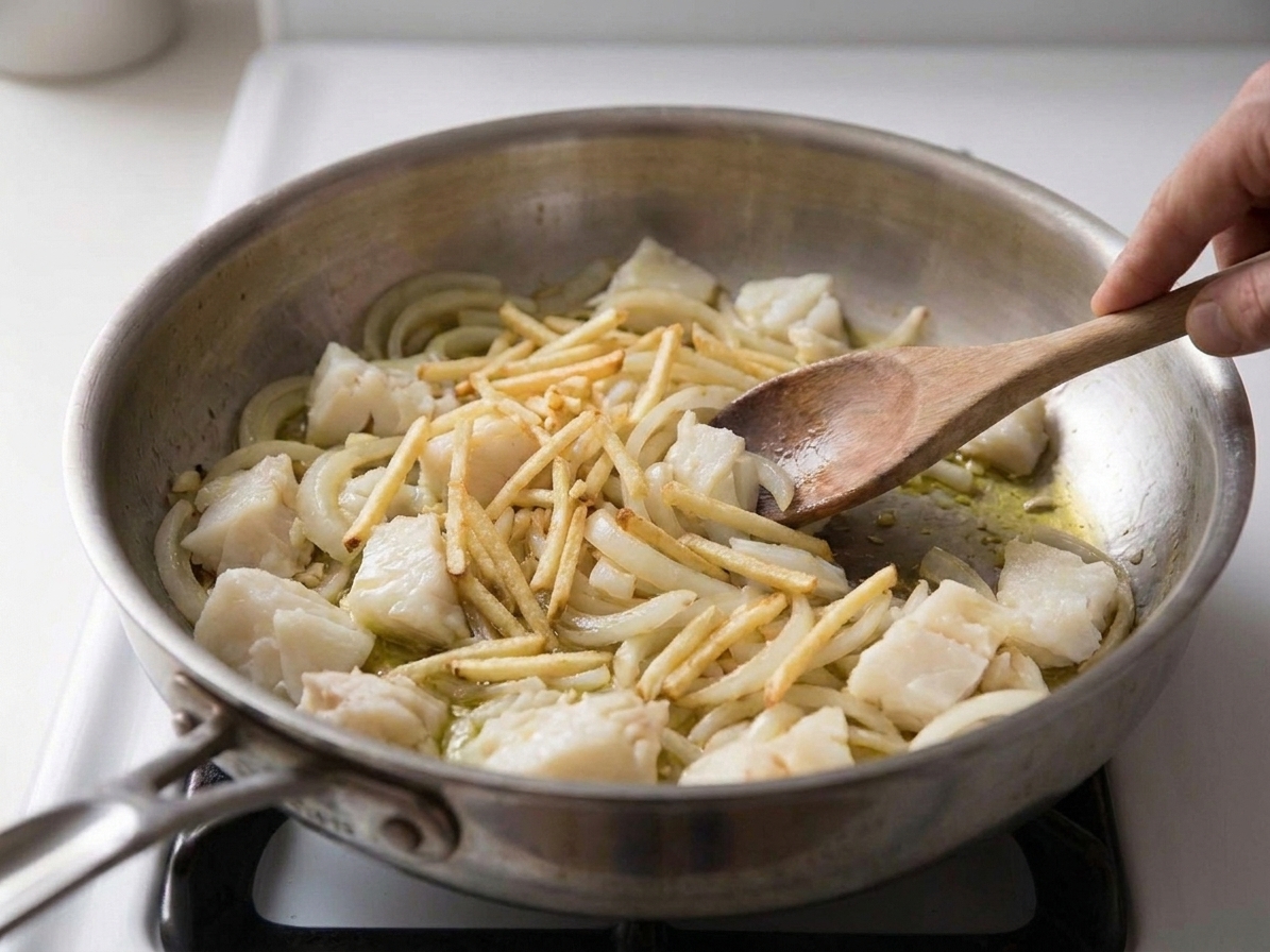 Shoestring potatoes being folded into a skillet with salt cod and onions