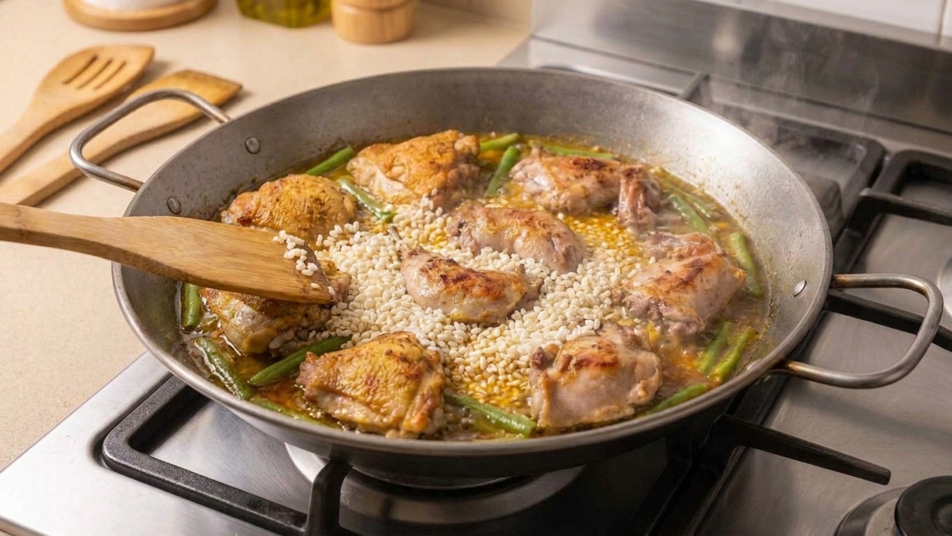 Short grain rice sprinkled across a paella pan and spread into an even layer with chicken, green beans, and broth