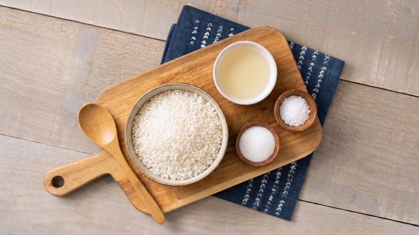 Short-grain sushi rice, rice vinegar, sugar, and salt measured on a tidy kitchen counter with a wooden spoon and small bowls