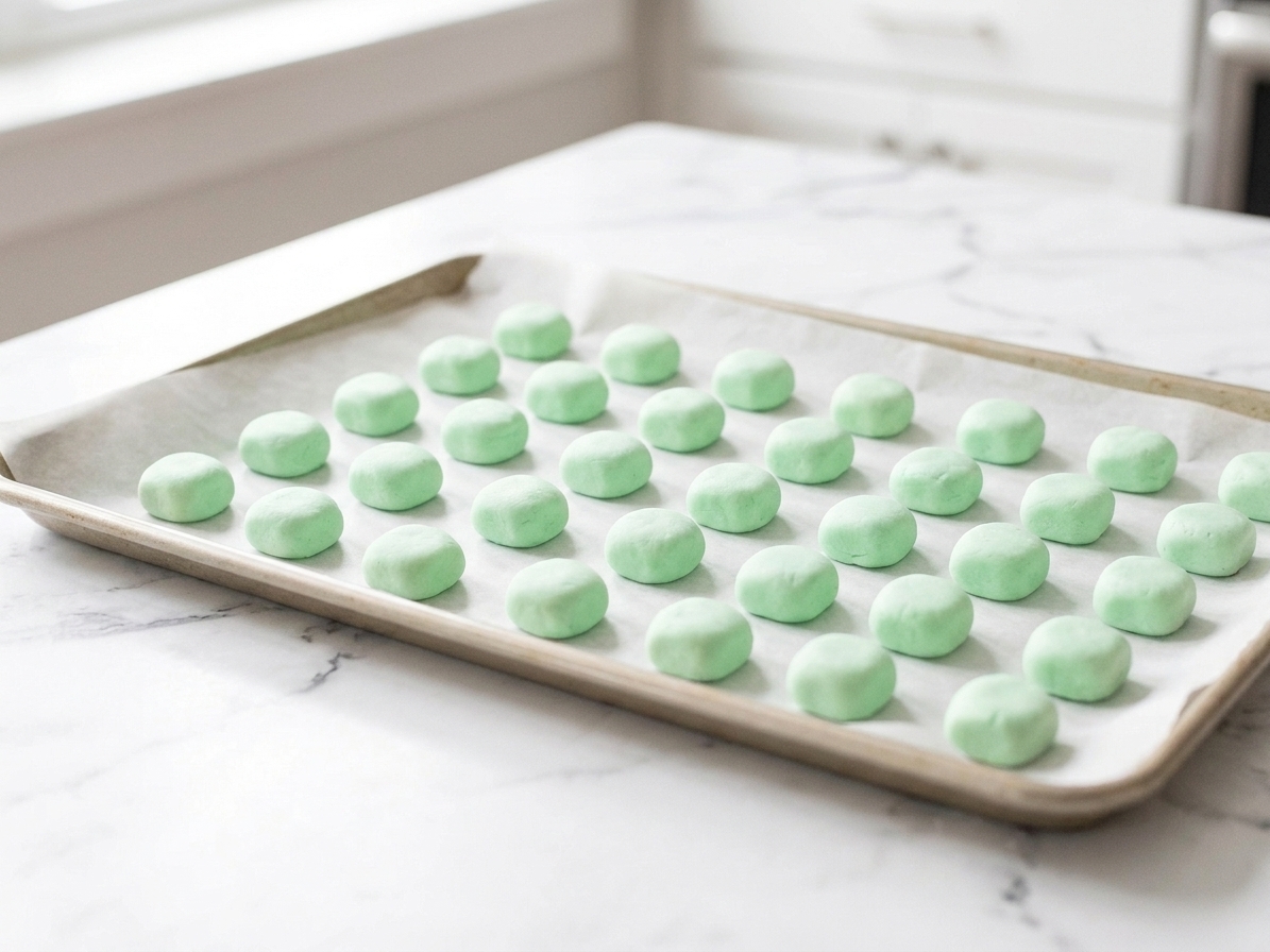 Short mint dough pieces cut from a rope into small pillow shapes on a parchment lined baking sheet