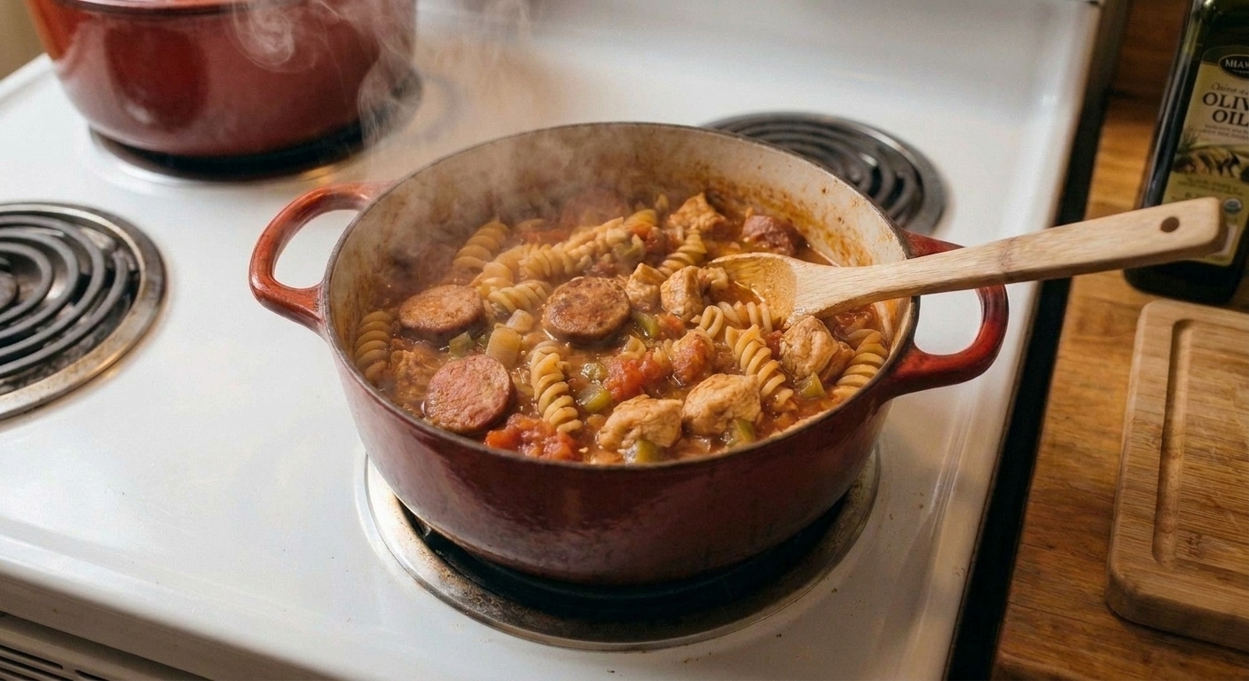 Short pasta simmering in a reddish Cajun tomato broth in a Dutch oven with visible steam