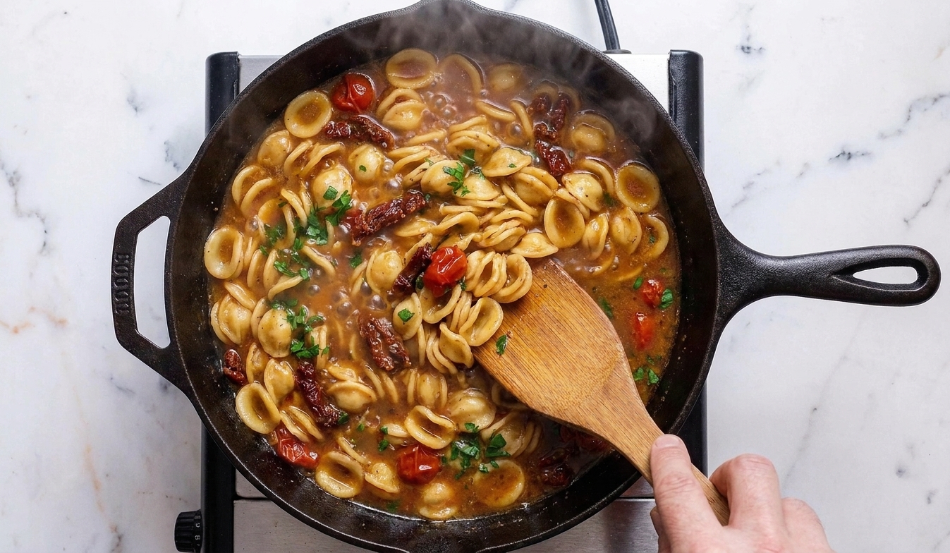 Short pasta simmering in a skillet with broth and sun-dried tomatoes, a wooden spoon stirring to prevent sticking