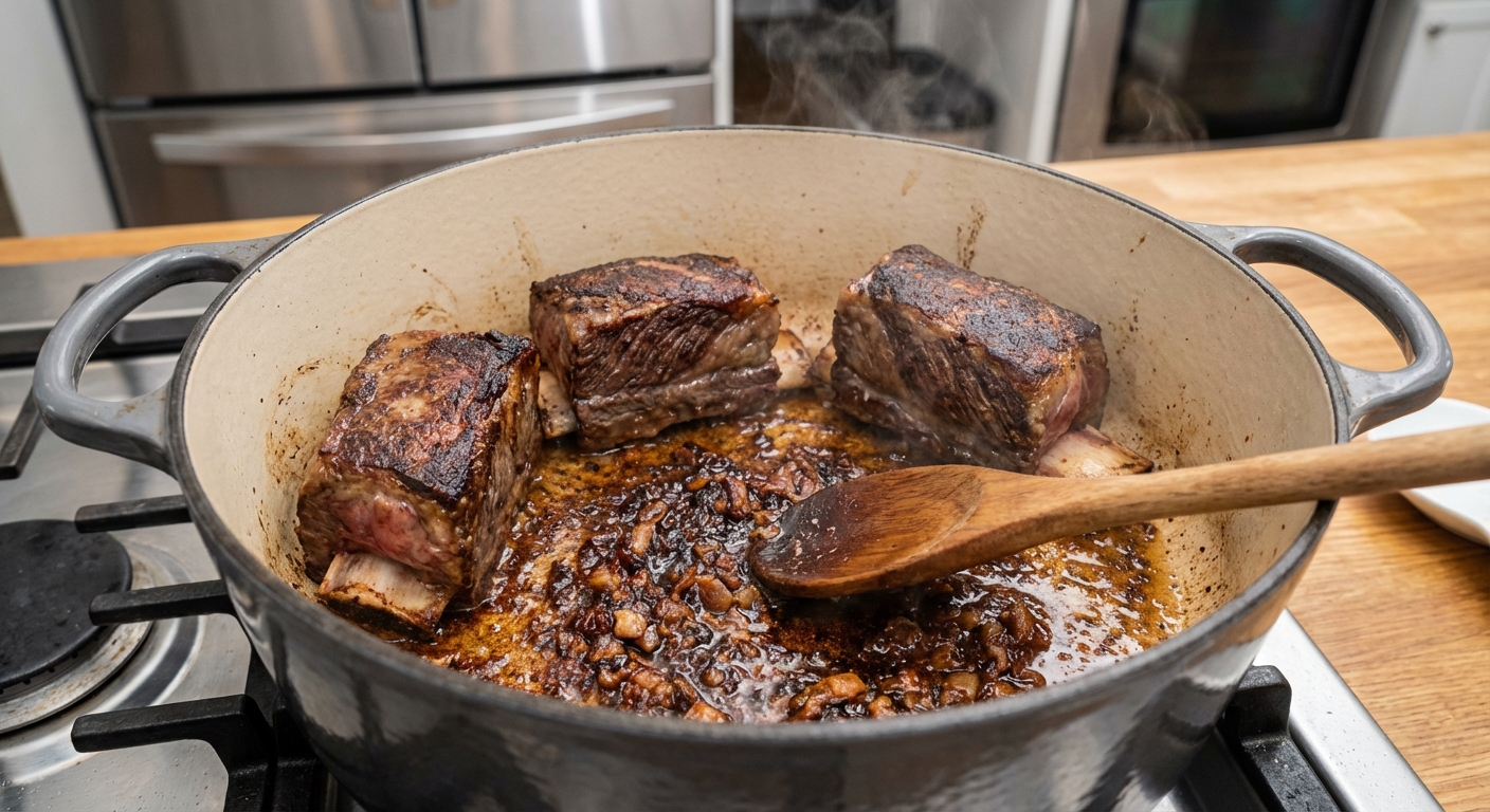 Short ribs being seared in a Dutch oven with caramelized browned bits on the bottom