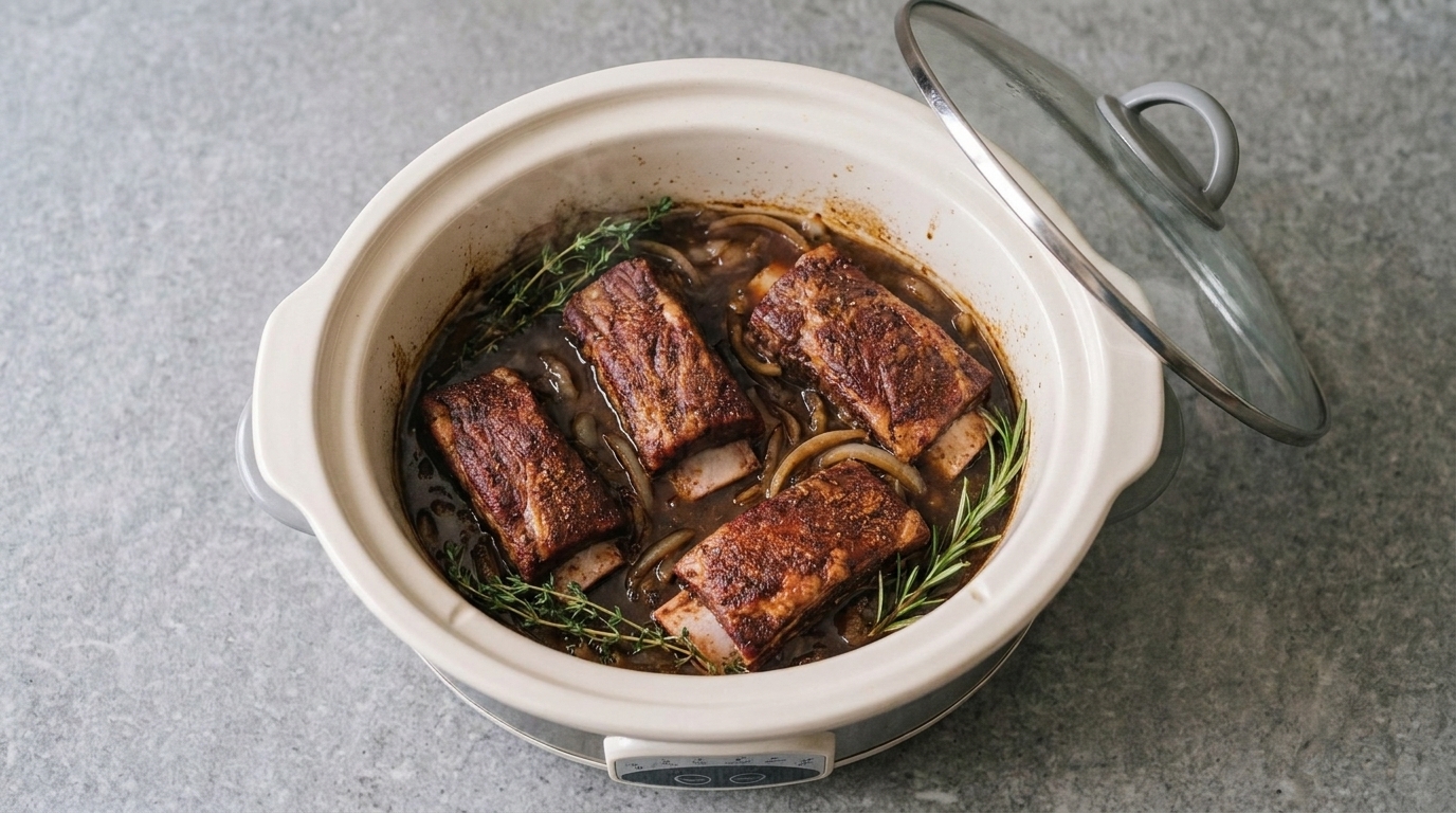 Short ribs nestled in a slow cooker with onion gravy and herb sprigs visible before the lid is placed on top
