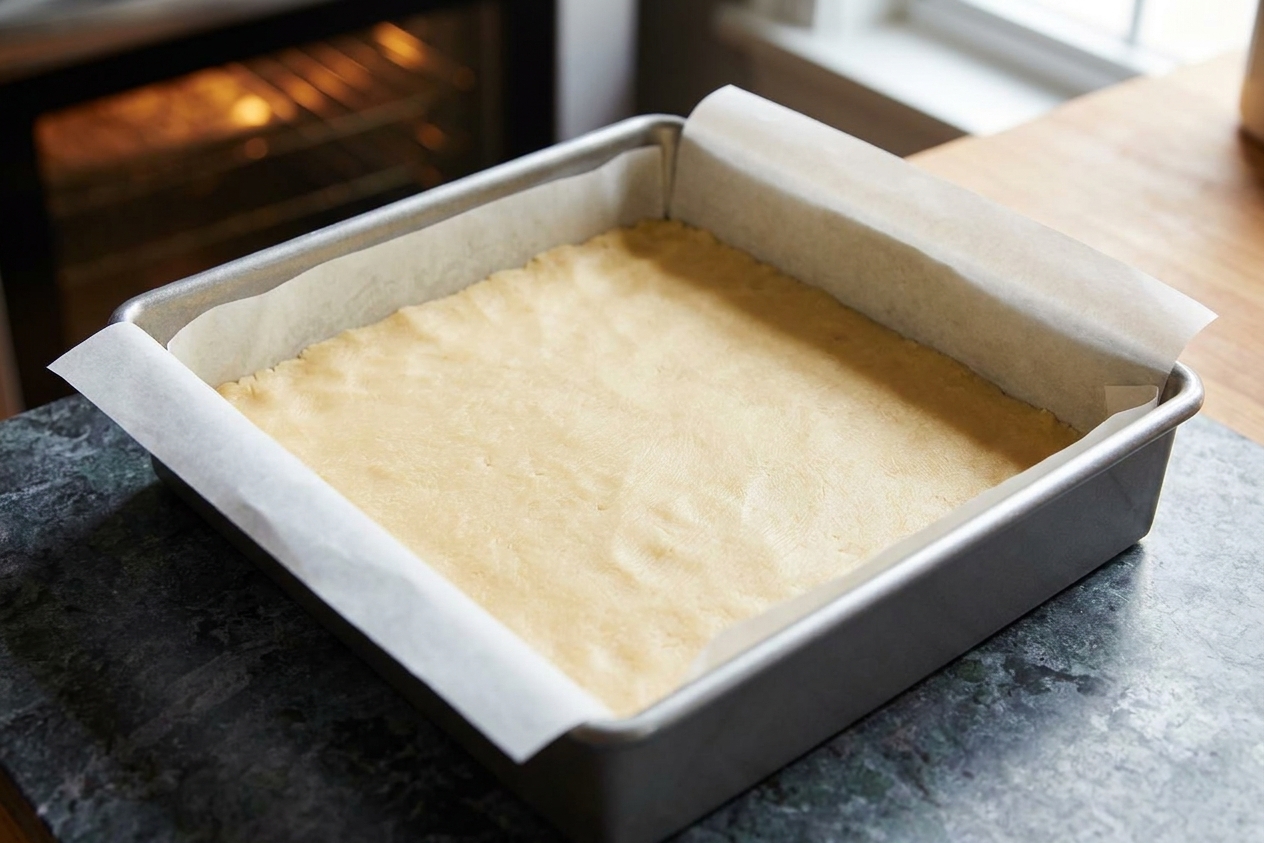 Shortbread crust dough pressed evenly into a parchment-lined metal baking pan, ready for baking.