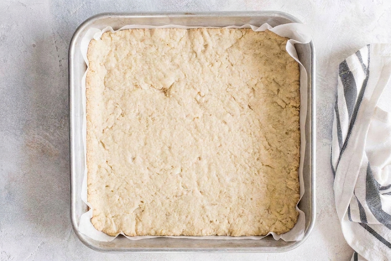 Shortbread crust mixture pressed evenly into a parchment-lined square metal baking pan on a light stone countertop