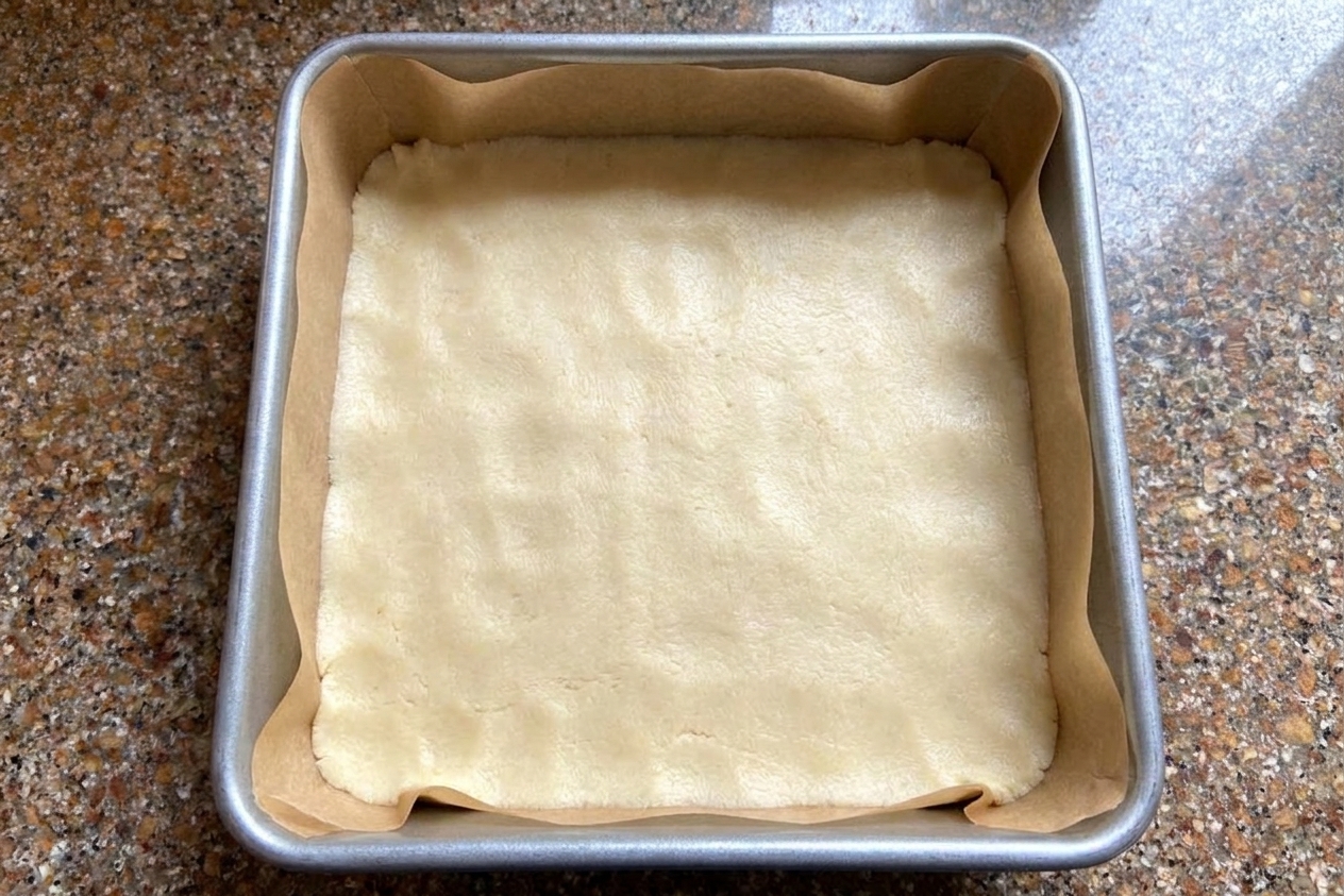 Shortbread dough pressed evenly into a parchment-lined square pan on a kitchen counter