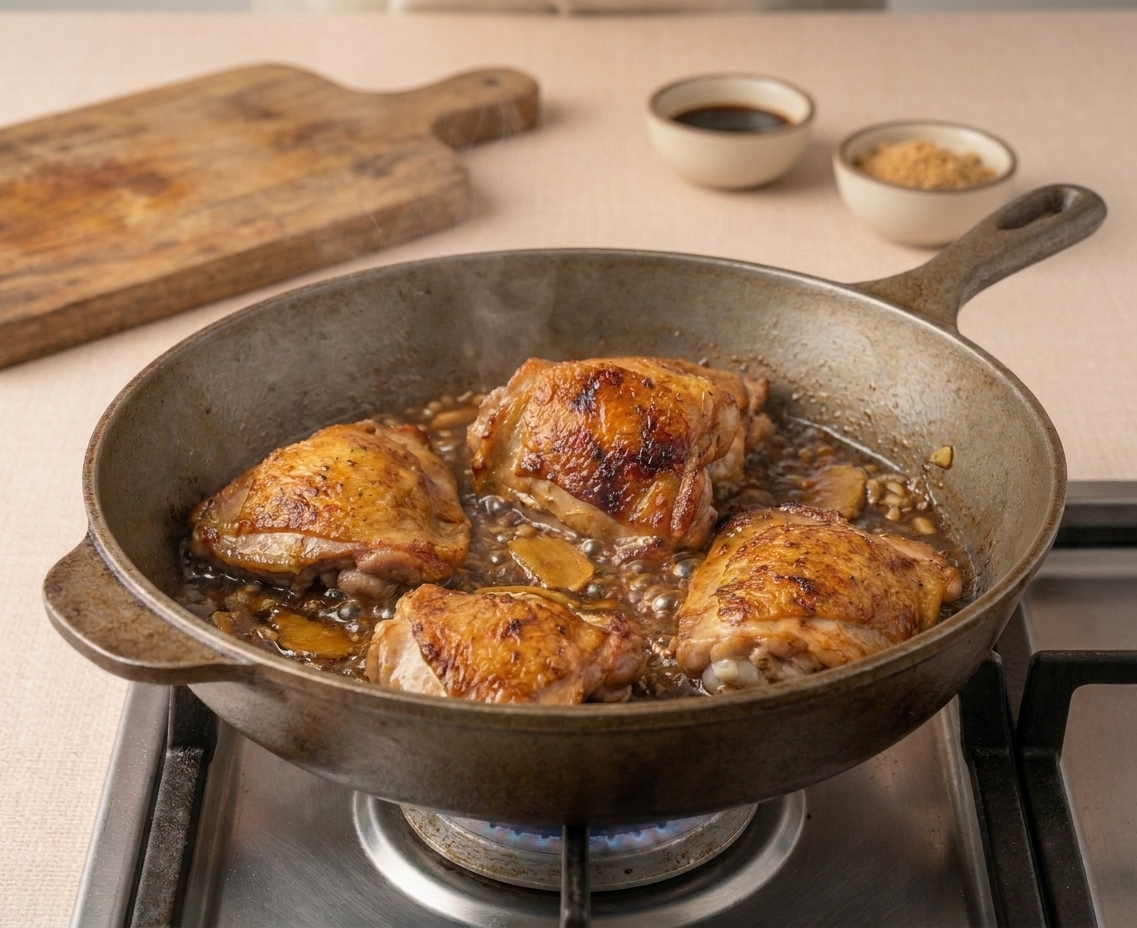 Shoyu chicken thighs simmering in a bubbling soy ginger sauce as it reduces and turns glossy in a skillet