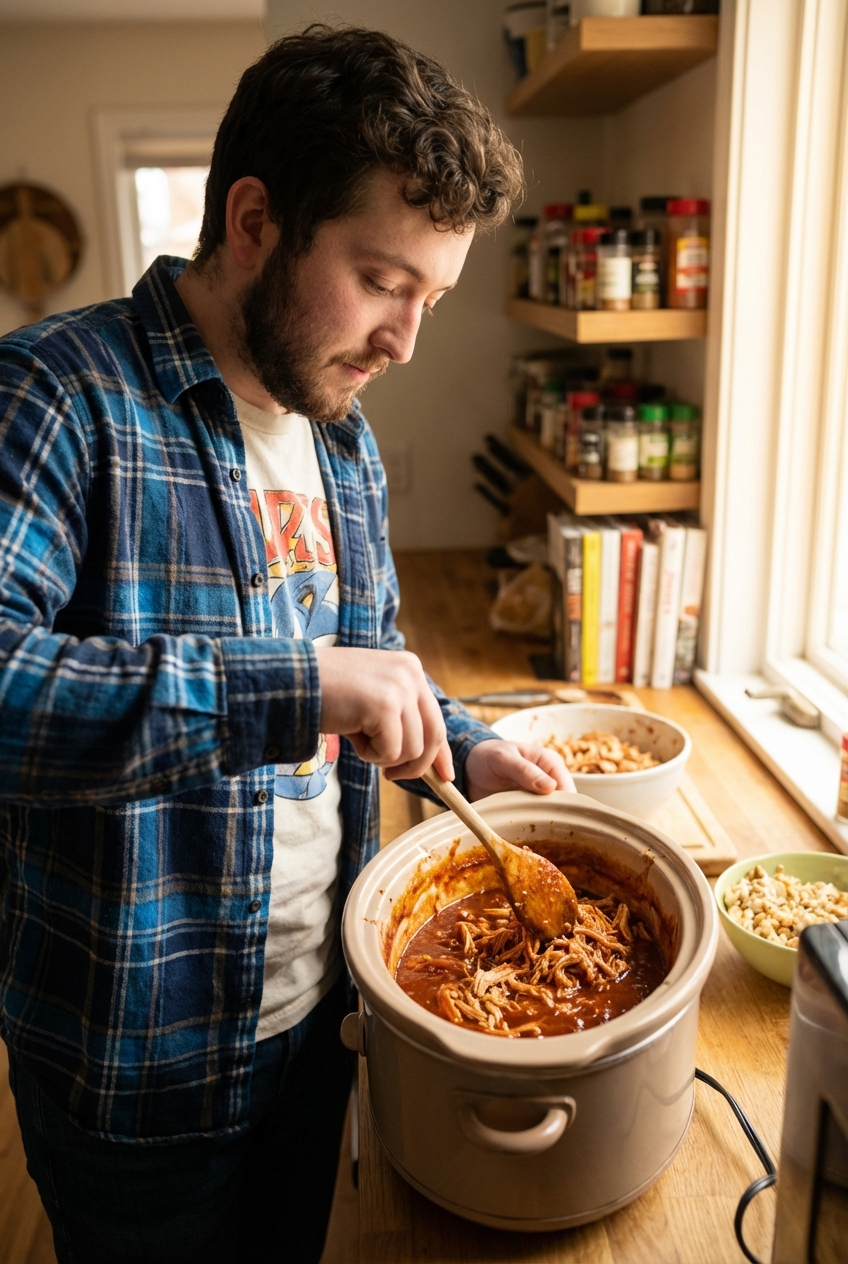 Shredded BBQ chicken being stirred back into thickened sauce inside a slow cooker