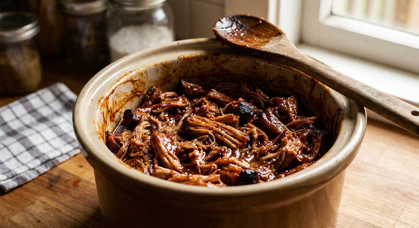 Shredded BBQ pulled pork in a slow cooker with a wooden spoon resting on the edge, saucy and glossy, realistic food photography