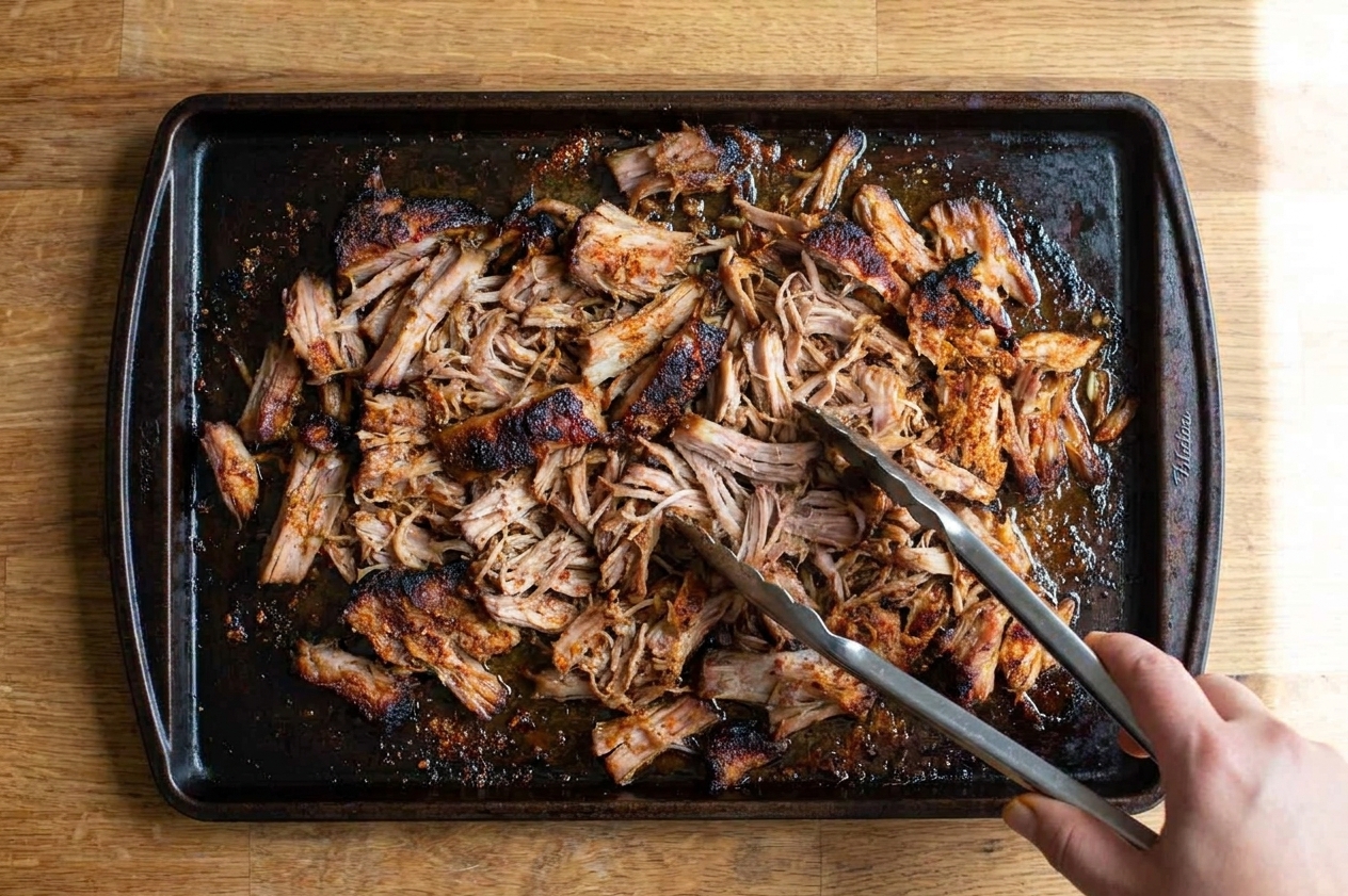 Shredded Kalua pork spread on a sheet pan with caramelized crispy edges, ready to be tossed after broiling