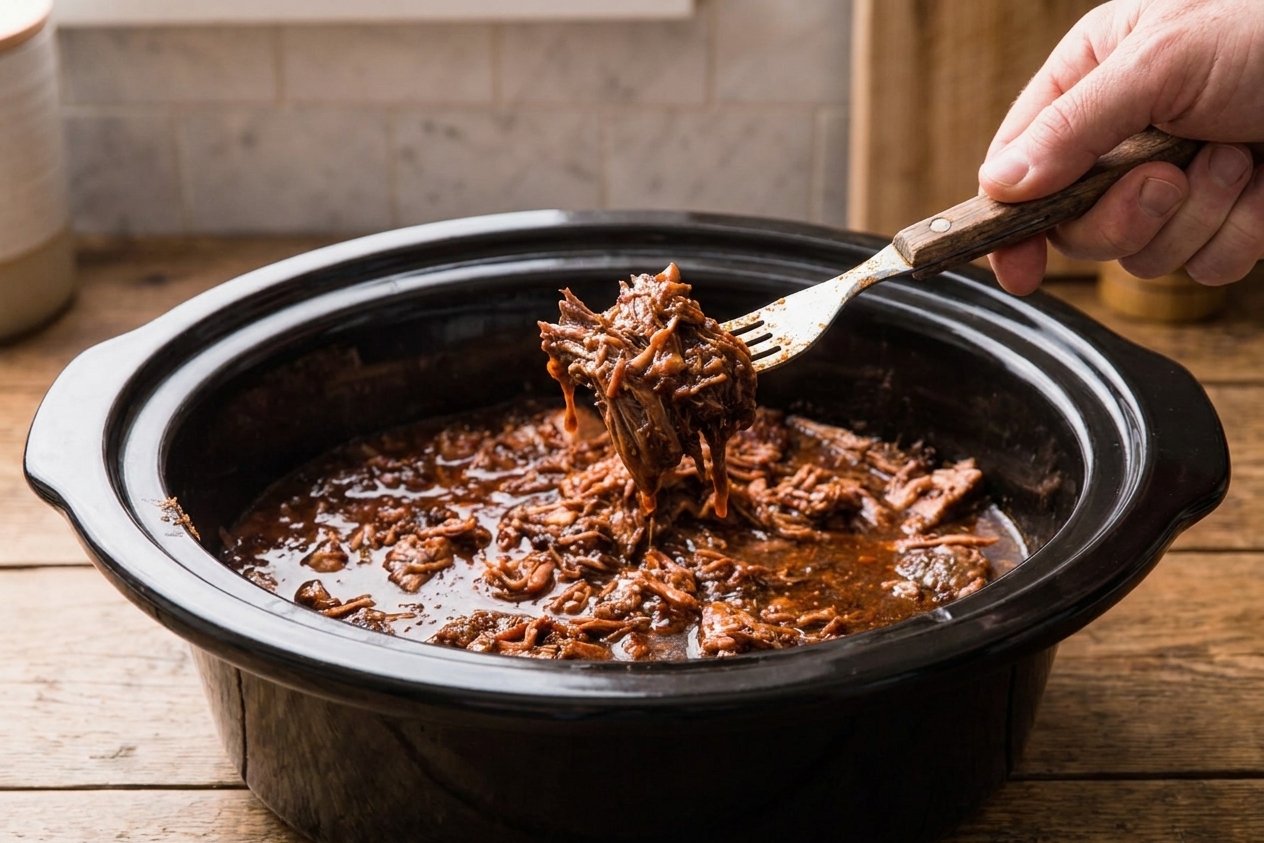 Shredded barbacoa beef sitting in a slow cooker coated in rich reddish cooking juices
