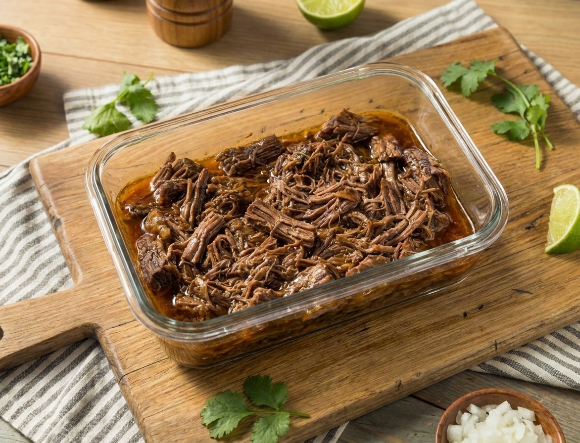 Shredded barbacoa in a glass meal prep container with some cooking juices, set on a kitchen counter