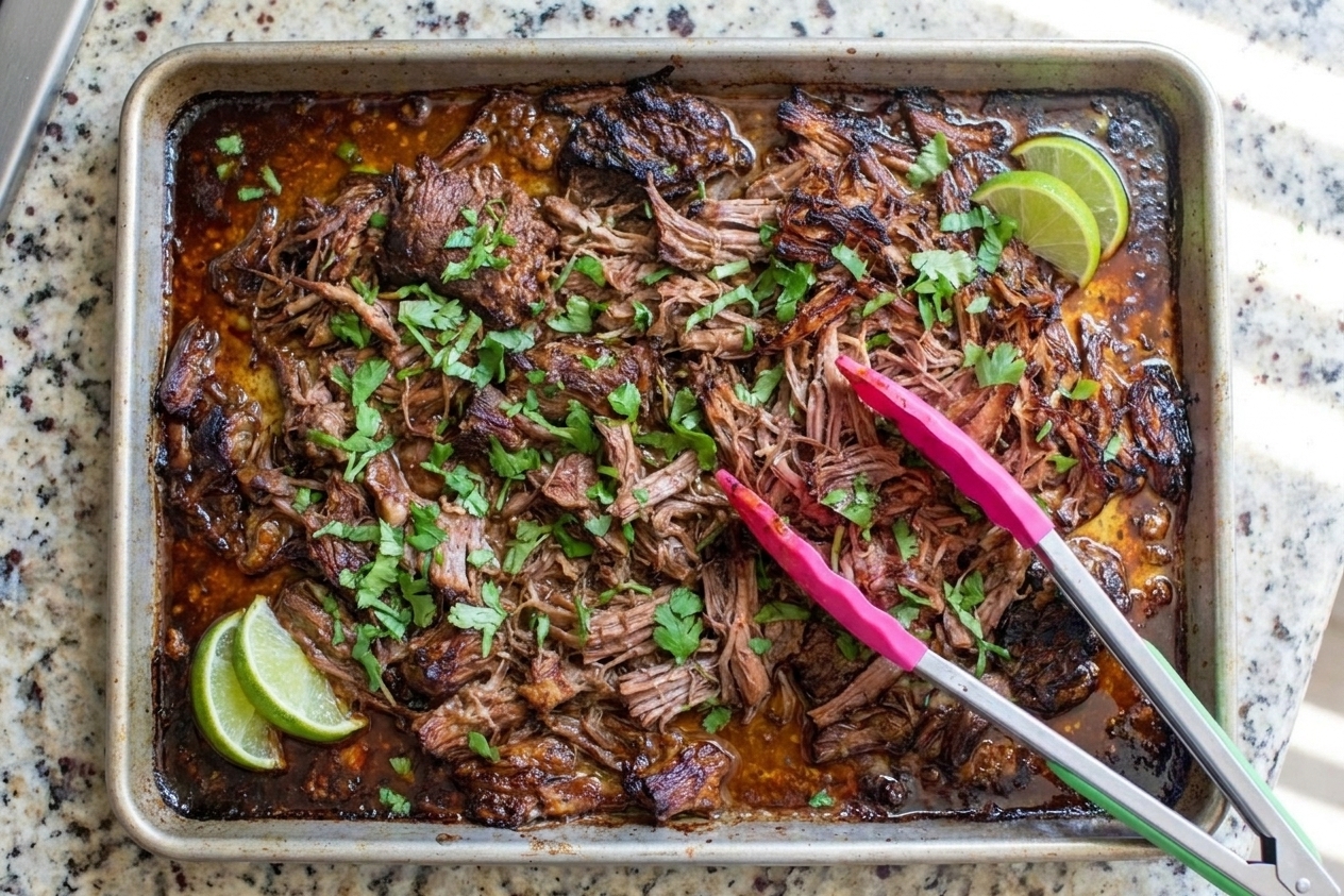 Shredded barbacoa spread on a rimmed sheet pan with browned crispy edges after broiling